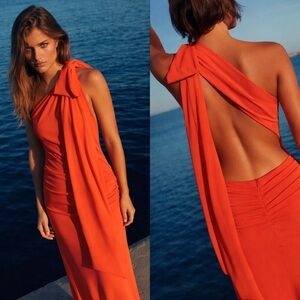 🆕(NWT) ZARA Bloggers Fav One Shoulder Maxi Dress. Bow Tie. Red/Coral. SMALL
